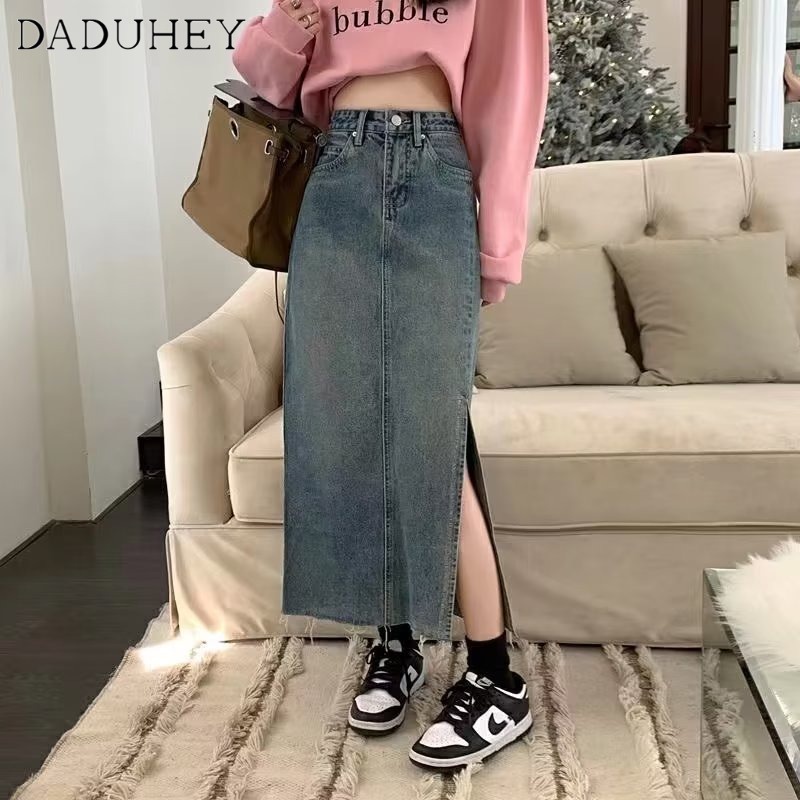 Chân váy denim dài DADUHEY dáng chữ A lưng cao túi hông viền thô xẻ tà phong cách retro đường phố Mỹ mới