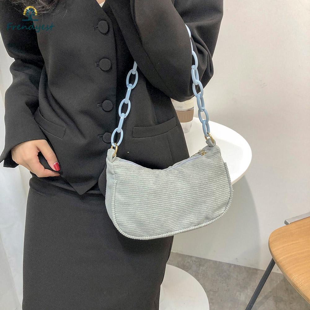 Túi Xách Đeo Vai / Kẹp Nách Vải Nhung Màu Trơn Phối Dây Xích Kiểu Retro Cho Nữ