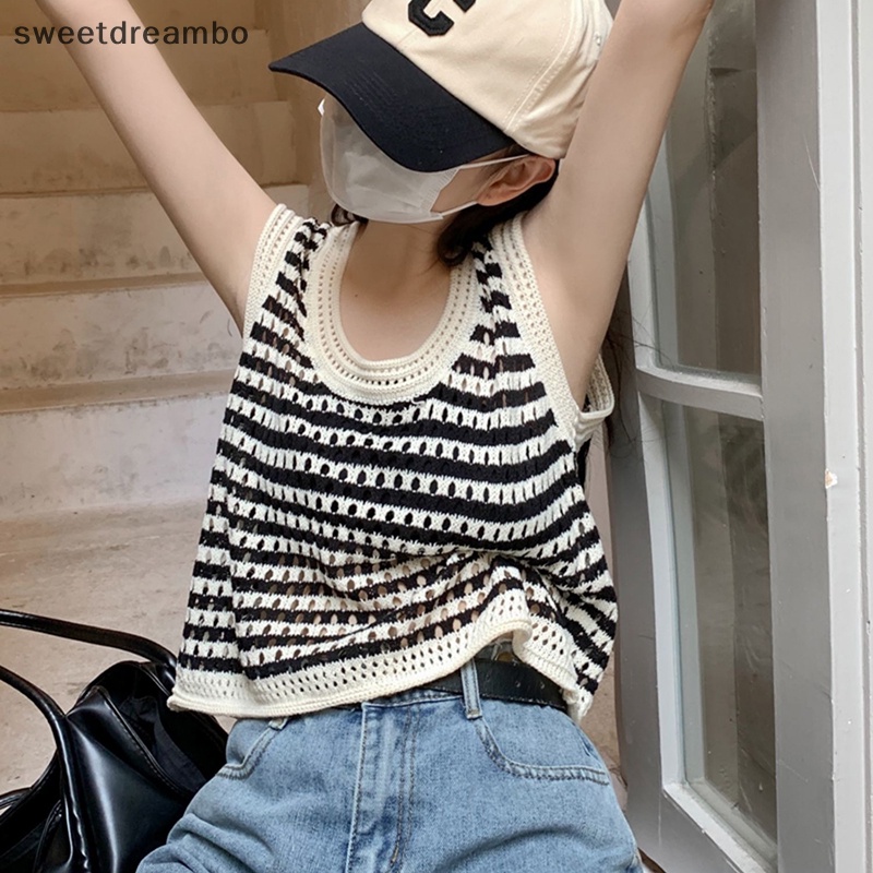 Áo hai dây dáng rộng không tay mùa hè cho nữ, áo hai dây dệt kim khoét lỗ sọc mùa hè