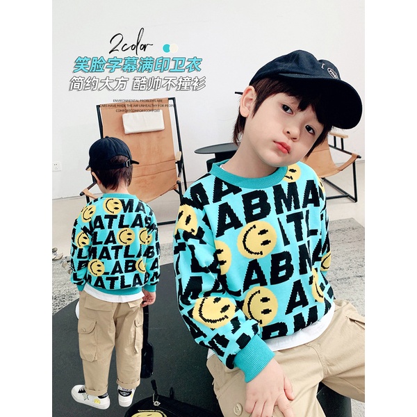 Áo Sweater In Hình Mặt Cười Và Chữ Cái Thời Trang Xuân Thu Dành Cho Bé Trai 90-140CM