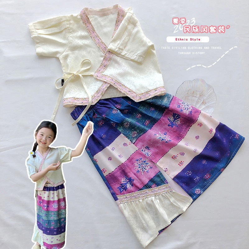 Bộ Áo Thun Tay Ngắn + Chân Váy Dài Phong Cách Thái Lan Dễ Thương Thời Trang Mùa Hè Cho Bé Gái