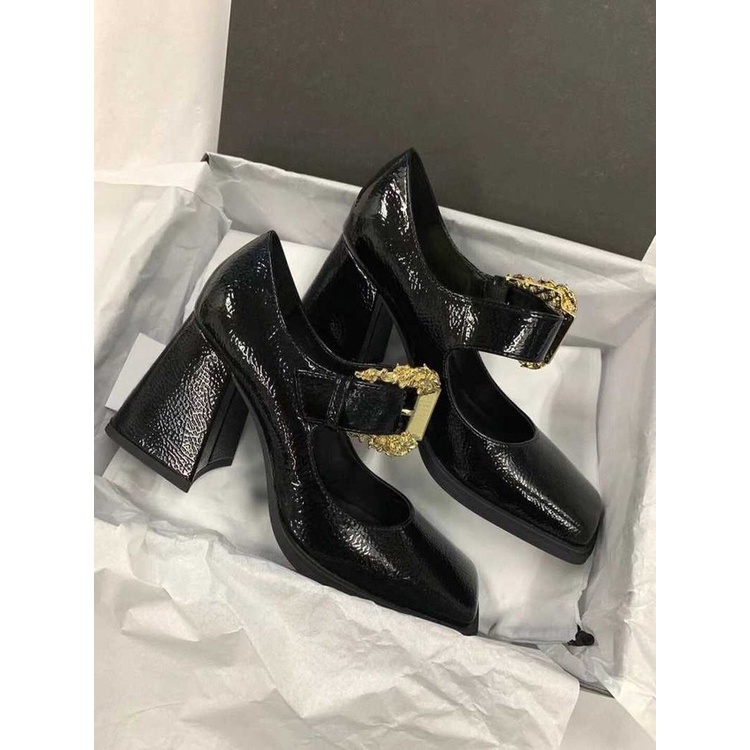 Giày Cao Gót Da Bóng Ôm Chân Phối Khóa Cài Thanh Lịch