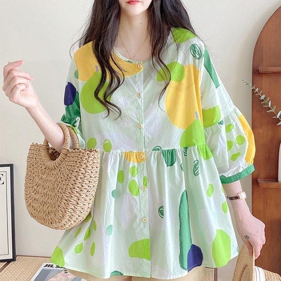 Áo Sơ Mi Tay Phồng Cổ Tròn Họa Tiết Chấm Bi Nhiều Màu Sắc Phong Cách Harajuku Dành Cho Nữ