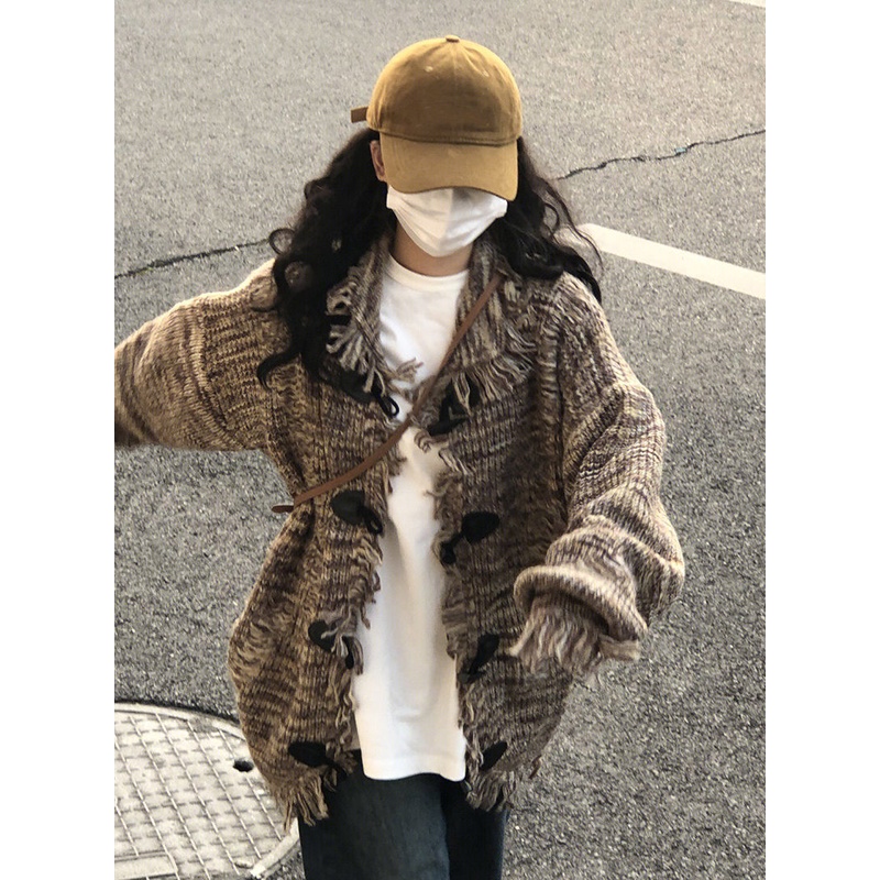 Áo len nữ kiểu mỹ-style retro hip hop cardigan mùa thu và mùa đông lỏng lẻo thiết kế đa năng áo len cặp đôi