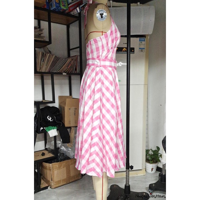 Nfashion-women ́s dễ thương barbie màu hồng kẻ sọc dây cổ váy midi ôm vừa vặn