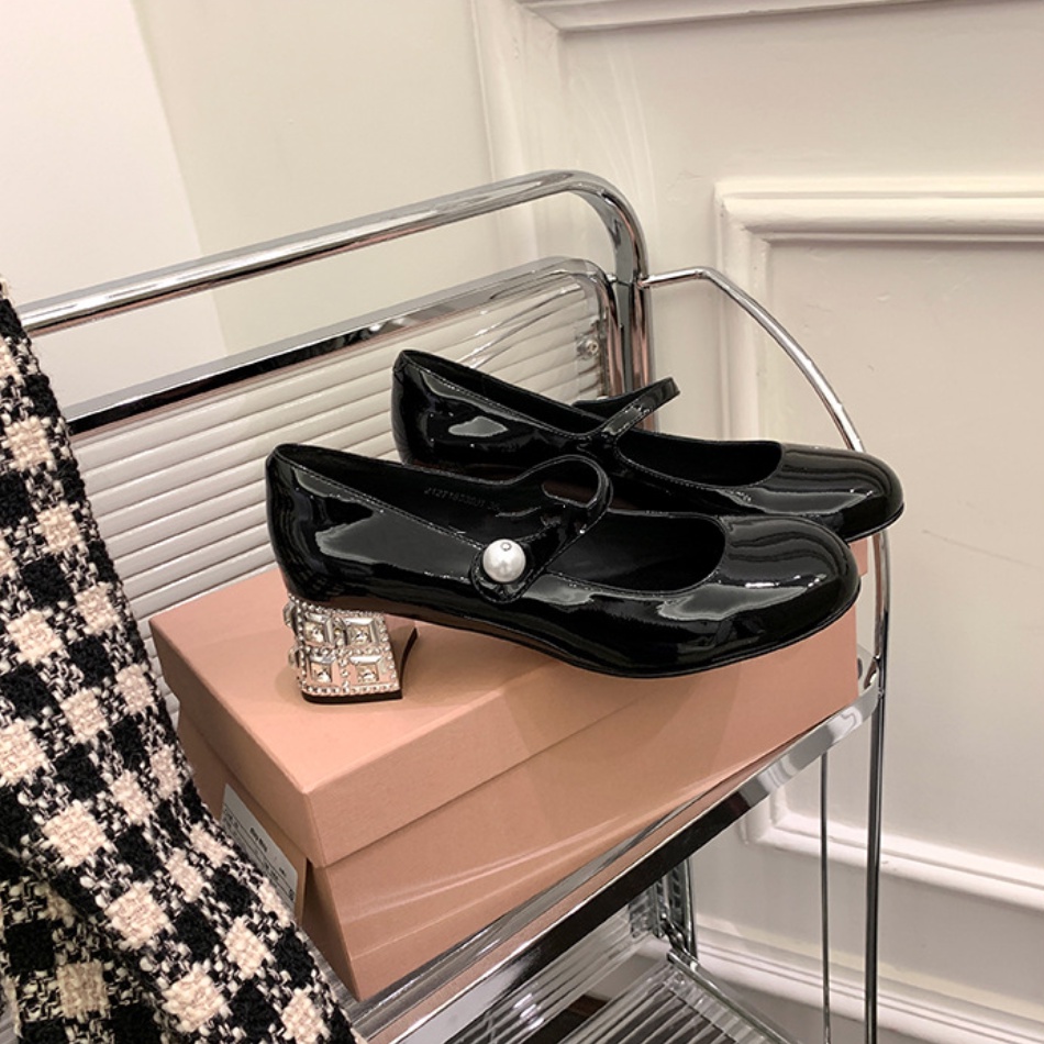 Giày Cao Gót mary jane Gót Dày Bằng Da Đính Đá Và Ngọc Trai Dành Cho Nữ 02715