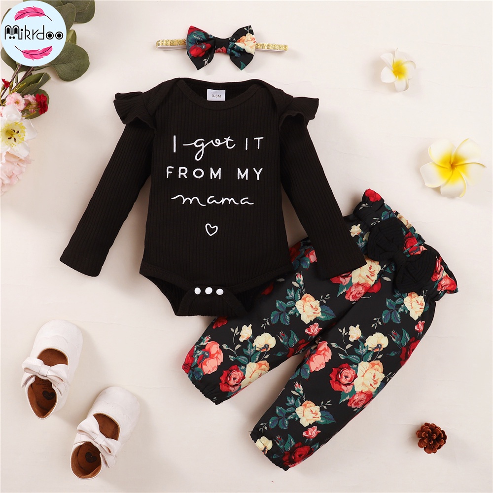 Bộ quần áo hàng ngày cho bé gái sơ sinh mama in áo dài tay romper top + hoa in quần với băng đô mùa thu 3 chiếc trang phục