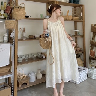 Thời trang mùa hè all-match halter cổ rộng váy quây sling dress phụ nữ váy không tay
