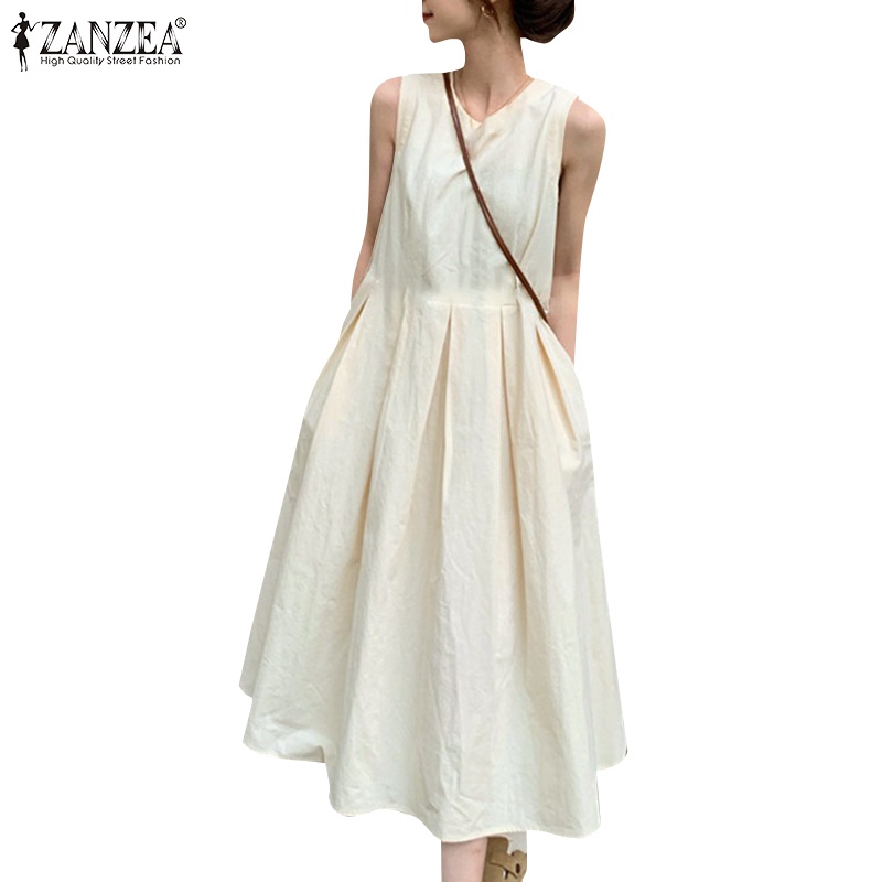 Zanzea phụ nữ thời trang hàn quốc rắn xếp ly không tay v-cổ a-swing dress