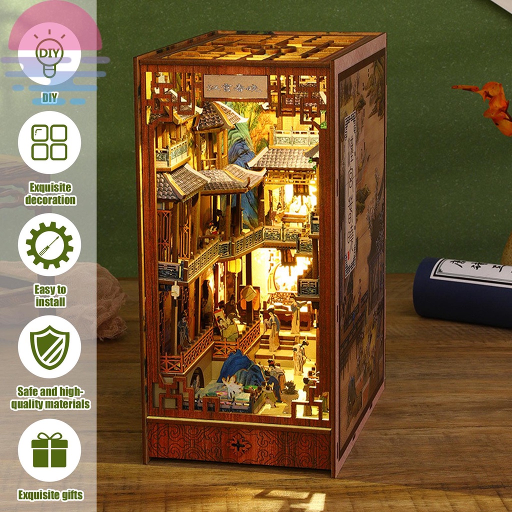 Diy book nook kit 3d xếp hình bằng gỗ giá sách chèn trang trí với cảm biến led ánh sáng diy miniature dollhouse model kit shops shopkc0122