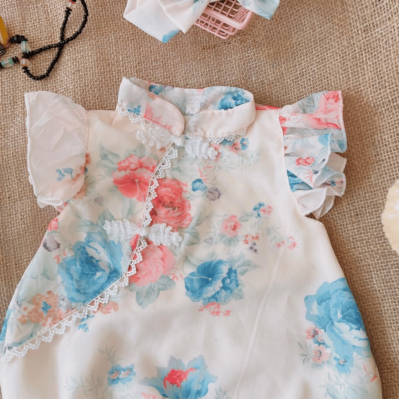 Set Body Sườn Xám Họa Tiết Hoa Kèm Băng Đô Cho Bé Gái Sơ Sinh Đến 2 Tuổi
