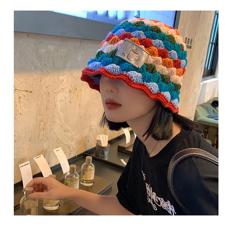 Mũ xô cầu vồng dệt kim hình thoi nữ phiên bản hàn quốc all-match face mũ len nhỏ mũ xô