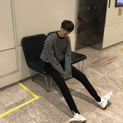 Autumn new style men's long-sleeved t-shirt casual loose striped top student all-match phiên bản hàn quốc bo