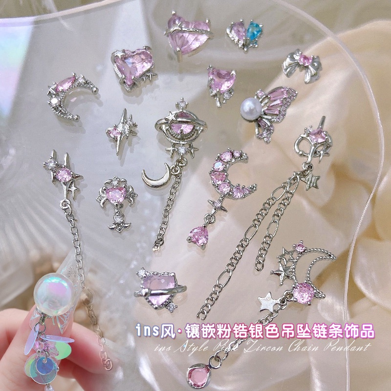 Dây Xích Kim Loại Mặt Nơ Đính Đá zircon Hồng Trang Trí Móng Tay