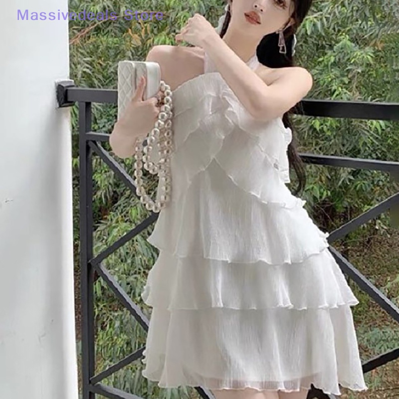 Massivedeals váy không tay phụ nữ dây cổ ruffles mini thanh lịch ngọt ngào mùa hè mini dress mới