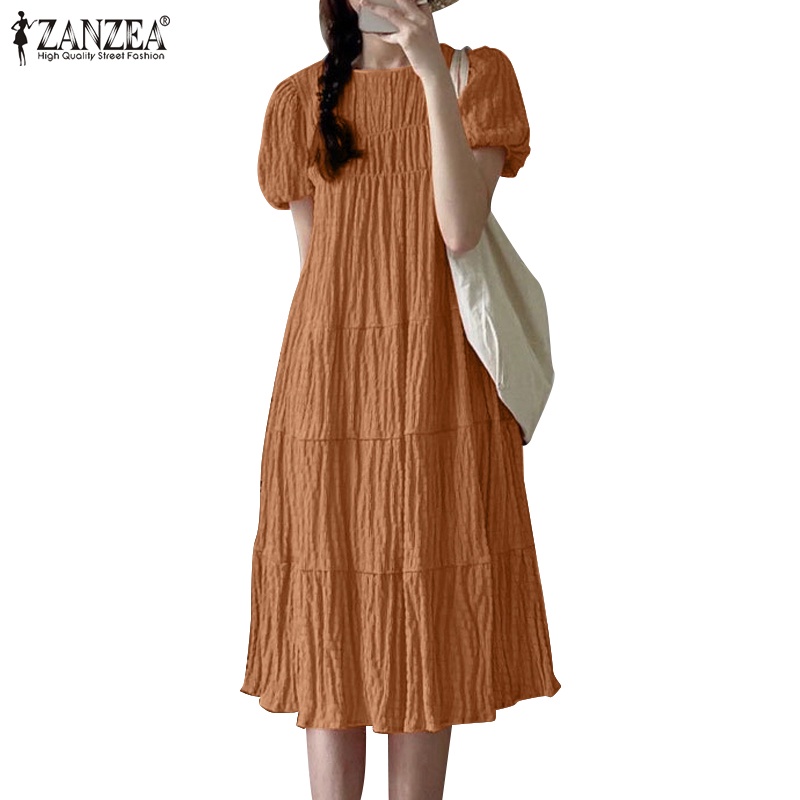Đầm xòe ZANZEA tay ngắn cổ tròn xếp ly thời trang Hàn Quốc dành cho nữ