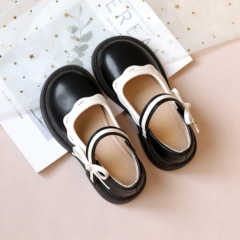 Simple bowknot leather flat shoes for baby girls elegant ruffle thoải mái soft sole anti-slippery kids shoes 2-16 tuổi