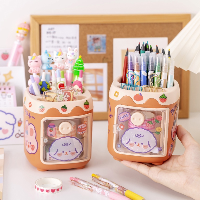 Hộp đựng bút hình heo dễ thương ống để bút nhiều ngăn trang trí văn phòng bàn học tặng kèm sticker