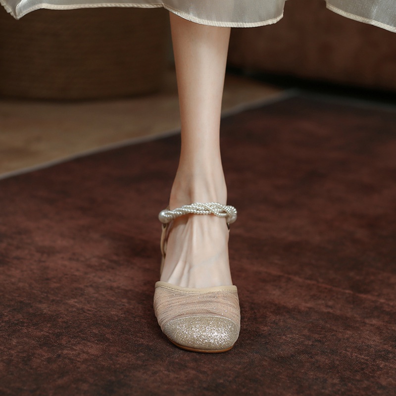 Duoya Tóc Thẳng ~ [Hàng Có Sẵn] ~ Sandal Hở Ngón Gạc Đính Kim Sa Ngọc Trai Gót Dày Cho Nữ Miễn Phí Vận Chuyển