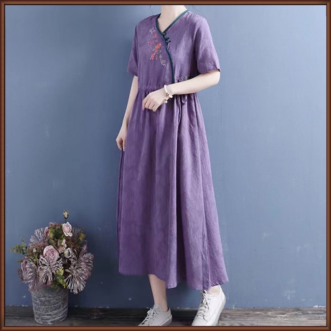 Đầm Chữ A Tay Ngắn Cổ Chữ V Eo Cao Thêu Họa Tiết Thời Trang Mùa Hè Dành Cho Nữ