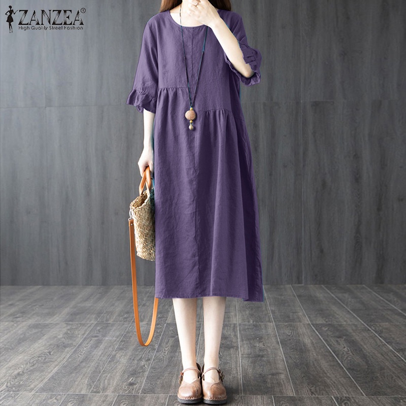 Đầm nữ ZANZEA tay lửng cổ tròn phối bèo thời trang