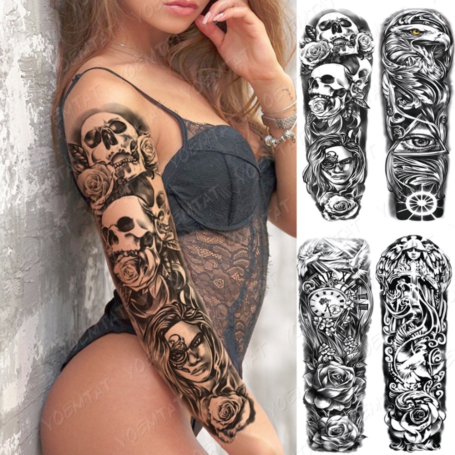 Hình Xăm Dán Tạm Thời Chống Nước Toàn Thân Họa Tiết Đầu Lâu Hoa Đồng Hồ Nghệ Thuật Quyến Rũ Nhiều Phong Cách Cho Nam Và Nữ