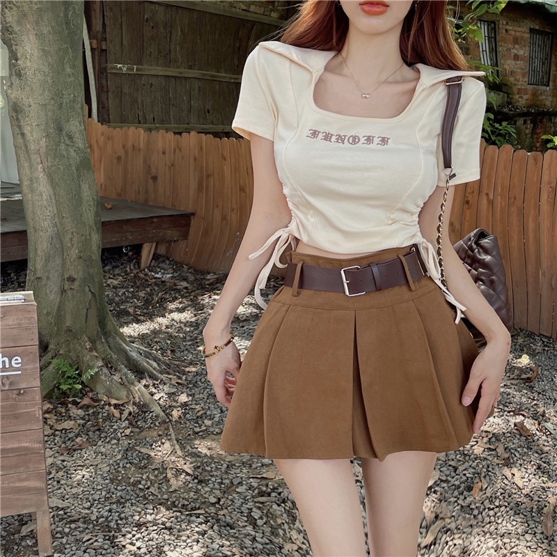 Áo Thun Ngắn Tay Cổ Vuông Thêu Chữ Thiết Kế Dây Rút Thời Trang Mùa Hè Mới Cho