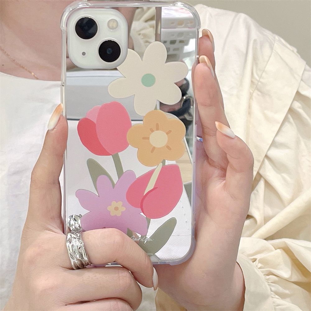 Ốp Điện Thoại TPU Mềm Họa Tiết Hoa Tích Hợp Gương Trang Điểm Cho IPhone 14 13 12 11 Pro Max XS XR 8 7 Plus