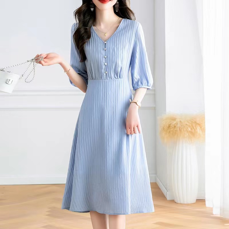 Đầm MULTIPLICATION tay lửng cổ chữ V ôm eo thời trang xuân hè phong cách phương Tây cao cấp