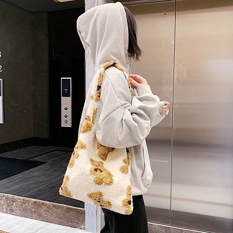 Fancy Túi Tote Xách Tay Bằng Vải Bố Mềm Mại Sức Chứa Lớn Phối Lông Cừu Như Gấu Dành Cho Bạn Nữ