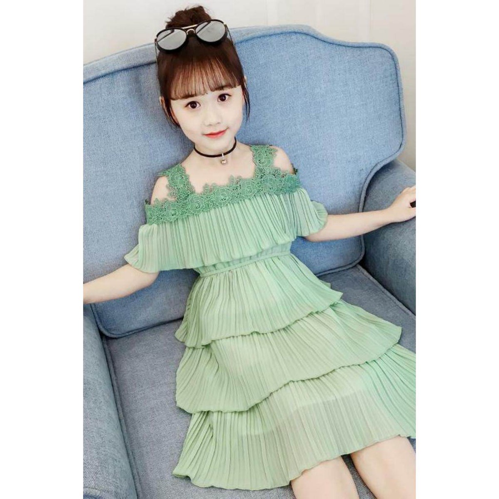 Đầm Công Chúa 110-160cm Hở Vai Chất Liệu Chiffon Cho Bé Gái 3-14 Tuổi