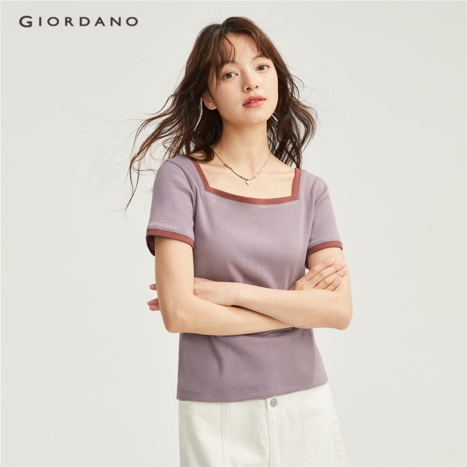 GIORDANO WOMEN Contrast color square neck slim short sleeve tee 05323422