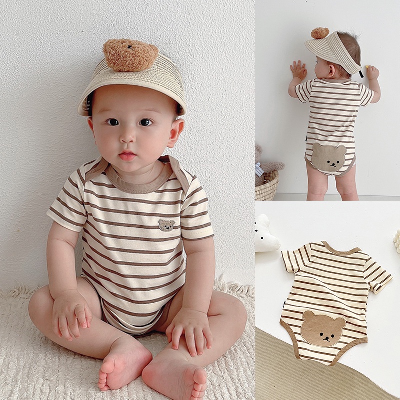 Bộ Áo Liền Quần Tay Ngắn Kẻ Sọc In Hình Gấu Dễ Thương Thời Trang Mùa Hè Cho Bé Trai