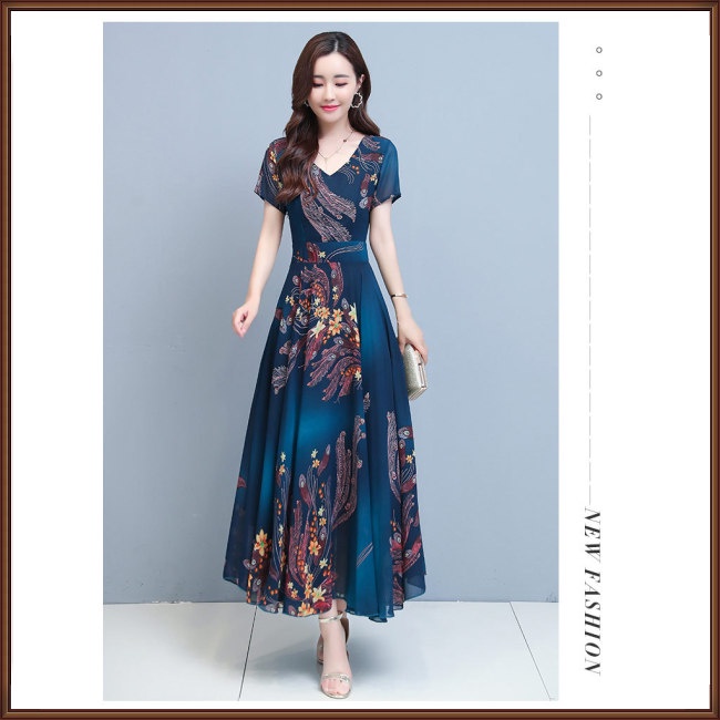 Đầm Dáng Chữ A Tay Ngắn Cổ Chữ V In Họa Tiết Hoa Phong Cách Cổ Điển Thời Trang Mùa Hè Cho Nữ