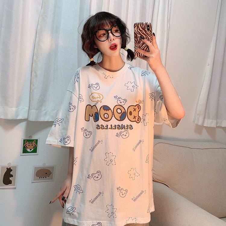 IELGY  Áo Thun Tay Ngắn Cổ Tròn In Họa Tiết Hoạt Hình Phong Cách Hàn Quốc Thời Trang Cho Nữ