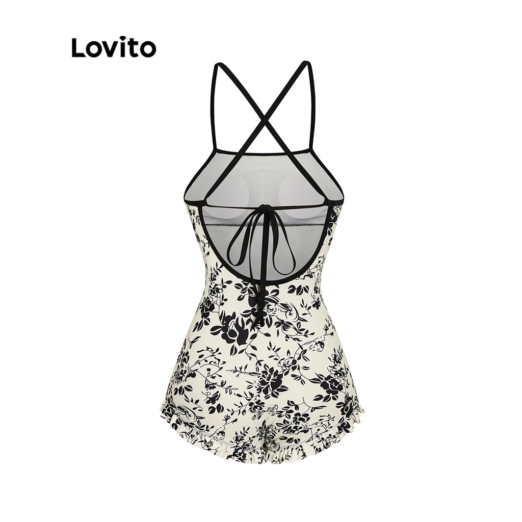 Đồ bơi một mảnh Lovito cổ vuông đệm ngực có thể tháo rời thắt dây phối dây tương phản họa tiết hoa cho nữ L48AD018 (màu đen)