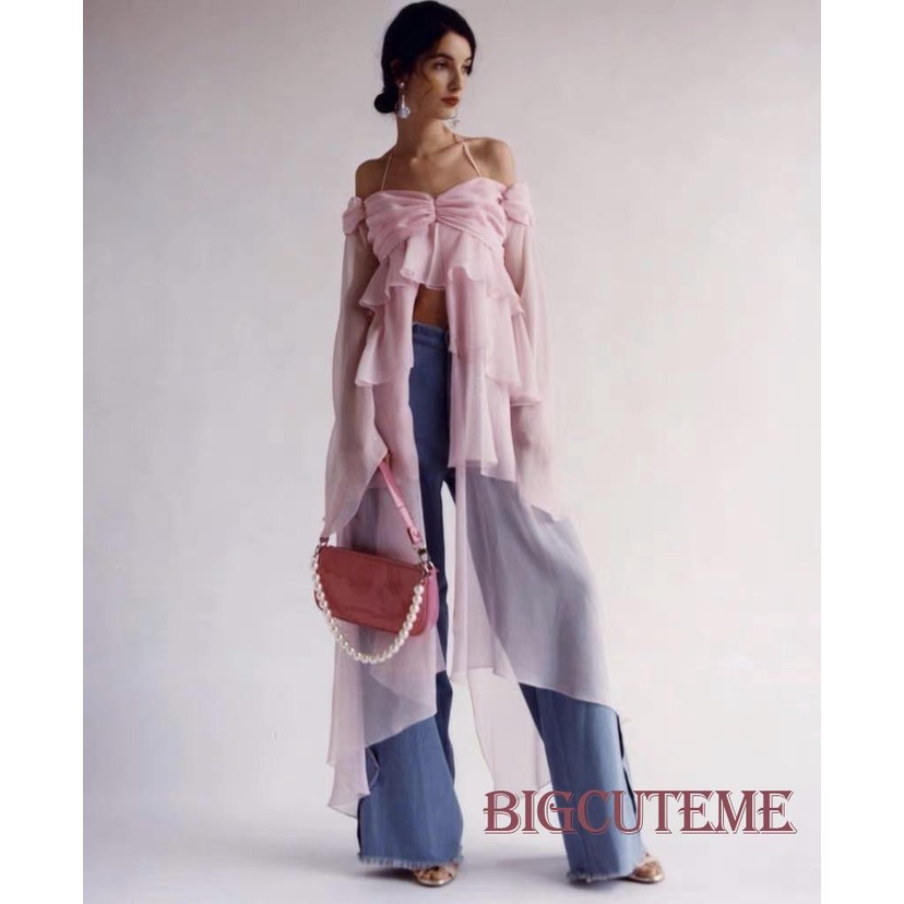 Áo Kiểu Tay Dài Cổ Yếm Nhún Bèo Dáng Ôm Thời Trang Xuân Hè Dành Cho Nữ