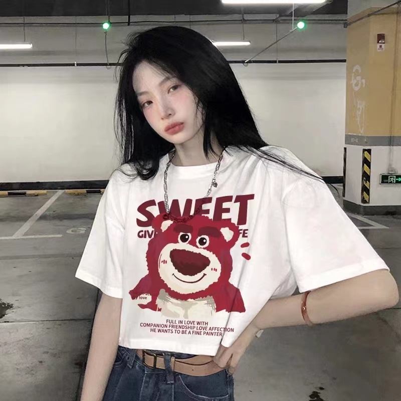 Áo Thun crop top Tay Ngắn Cổ Tròn In Họa Tiết Gấu Và Dâu Tây Thời Trang Cho Nữ