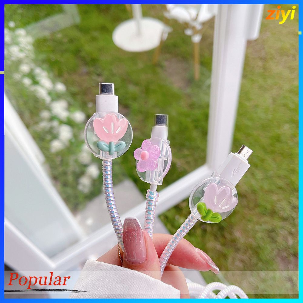 Vỏ Bảo Vệ Cáp Dữ Liệu Thích Hợp Cho Iphone Và Android Vỏ Cáp Cắn Hoạt Hình Trong Suốt Hình Hoa Tulip Tròn