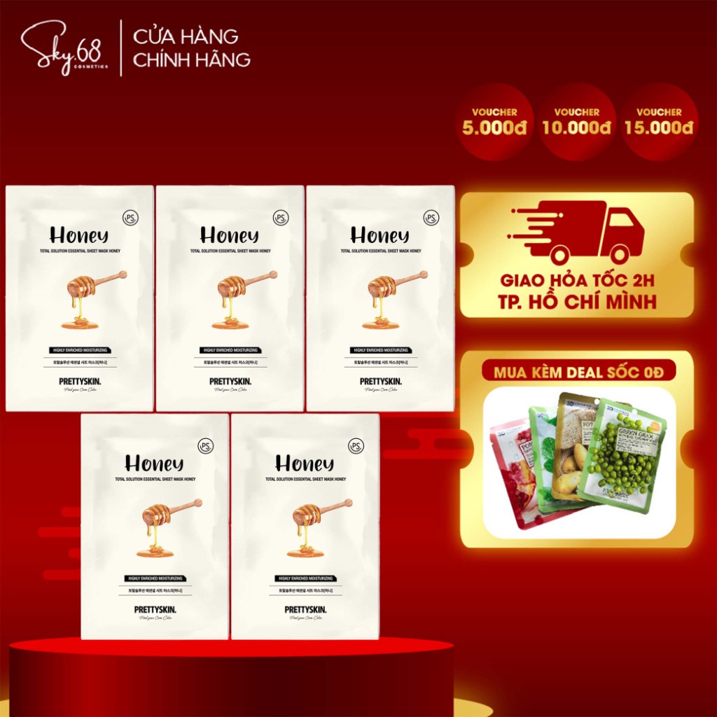 Combo 5 Mặt Nạ Tinh Chất Mật Ong Dưỡng Da Căng Bóng Prettyskin Total Solution Essential Sheet Mask 23ml x5 - HONEY