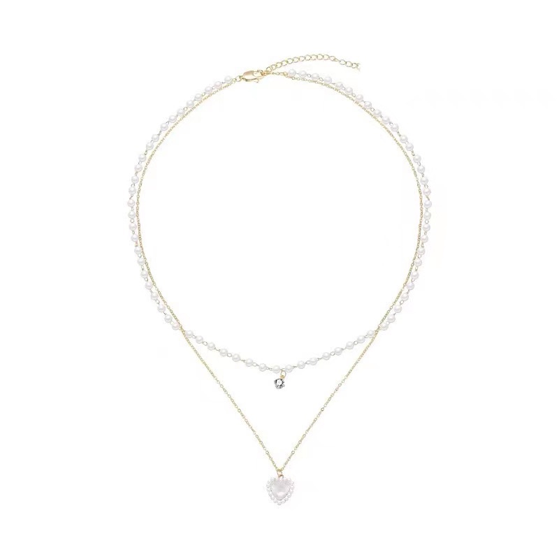 Vòng Cổ Choker Hai Lớp Đính Ngọc Trai Hình Trái Tim Xếp Chồng Tinh Tế Thời Trang Mùa Hè Cho Nữ