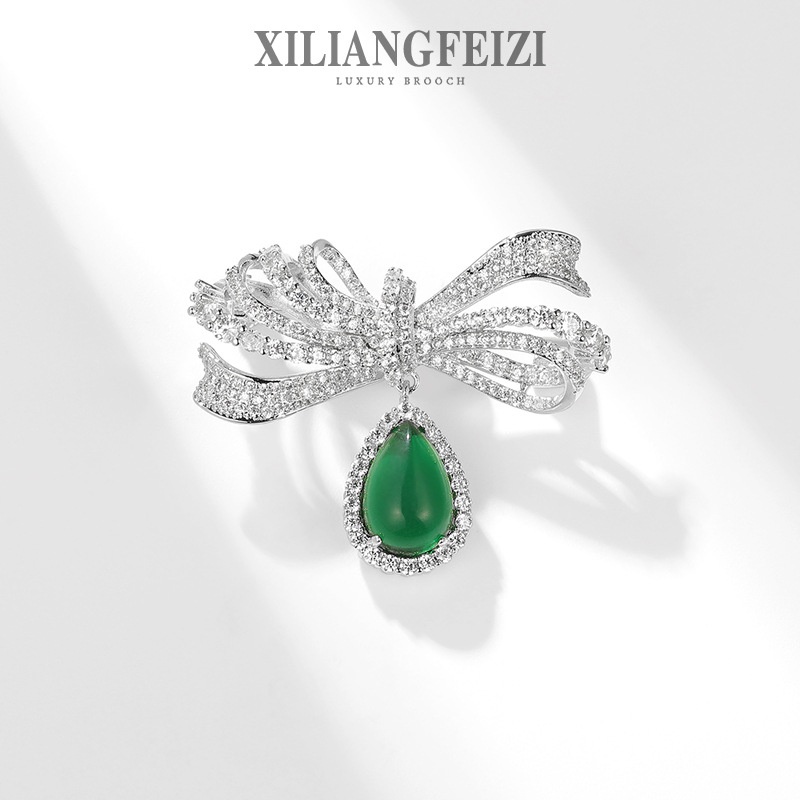 XILIANGFEIZI Trâm Cài Áo Hình Nơ Đính Đá Zircon Cao Cấp Mặt Dây Chuyền Crysoprase Ghim Bowknot Sang Trọng