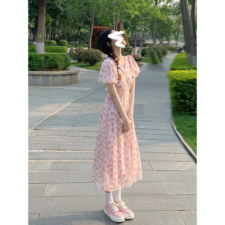 Mori First Love Đầm Dài Tay Phồng Nhấn Eo Hẹp Eo Hẹp In Hoa Kiểu Pháp Thanh Lịch Mùa Hè