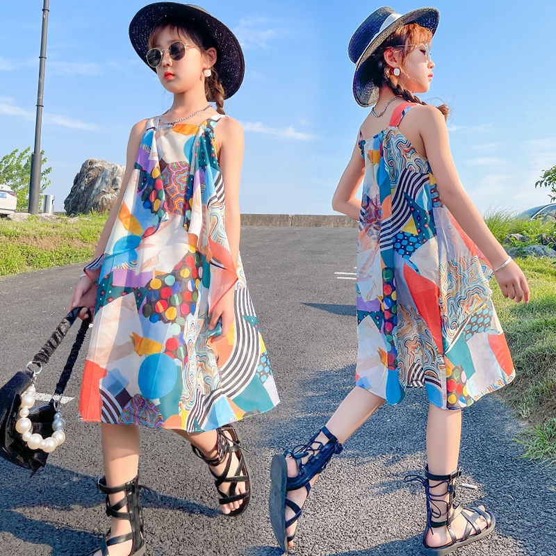 【lncko】Cô gái chiffon váy dây đeo váy mùa hè váy cô gái váy mùa hè chiffon băng tuyết không tay váy công chúa lá sen váy có sẵn