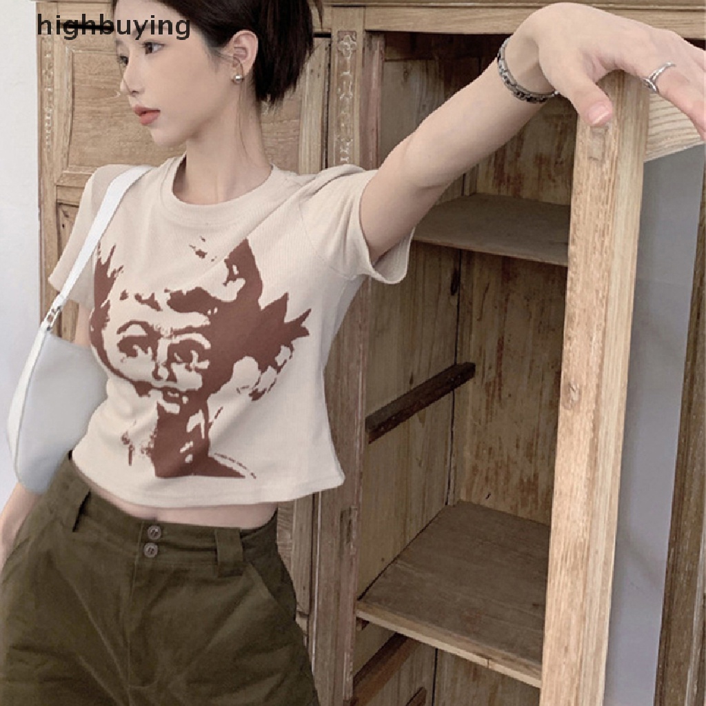 Áo Thun Lửng Ngắn Tay Cổ Tròn In Họa Tiết Phong Cách Retro Mỹ