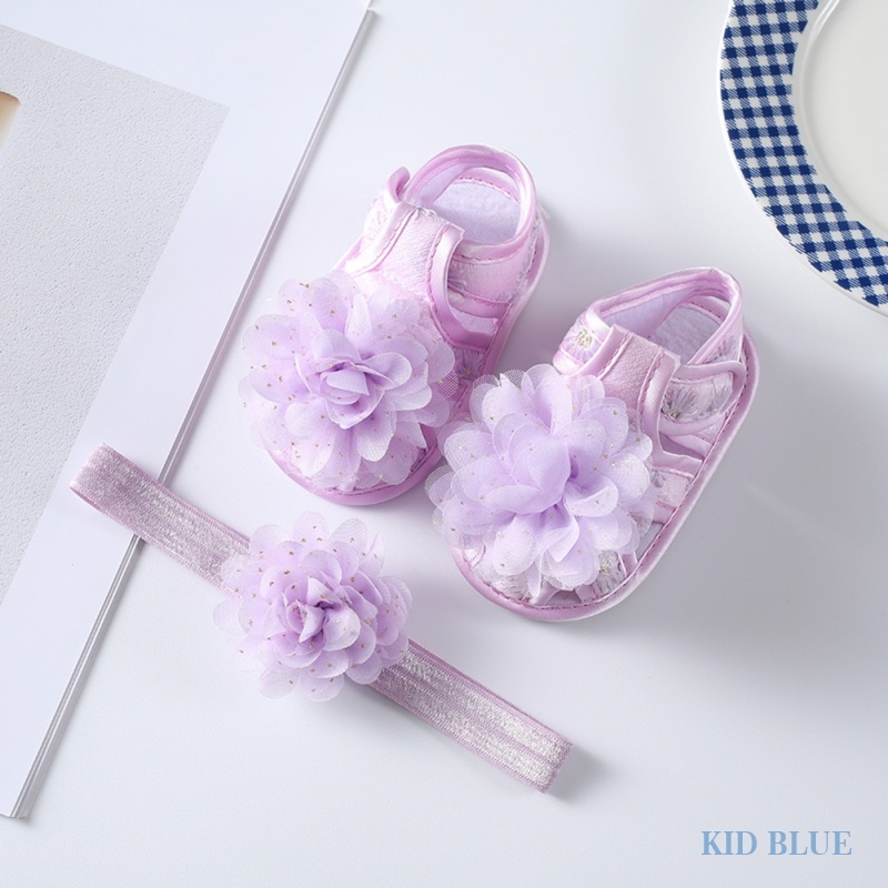 Giày Sandal Công Chúa Mùa Hè Phiên Bản Hàn Quốc Có Băng Đô Màu Sắc Tương Phản Trang Trí Hoa Cho Bé Gái 0-1 Tuổi