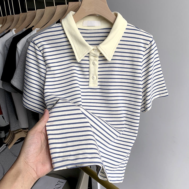 COZOKC Áo polo Tay Ngắn Dáng Ôm Kẻ Sọc Kiểu Vintage Cá Tính