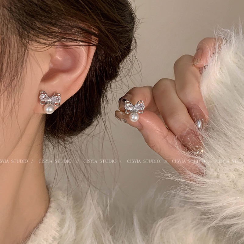 Khuyên Tai Hình Nơ Đính Ngọc Trai Nhân Tạo Cao Cấp Phong Cách Thời Trang Mới 2023