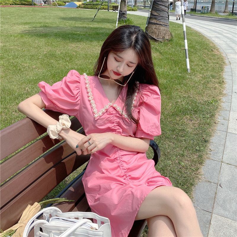 Bán Chạy✨Đầm Tay Phồng Cổ Chữ V Ôm Dáng Phối Dây Rút Xếp Ly Đính Ngọc Trai Phong Cách Hàn Quốc Thời Trang Mùa Hè Mới Cho Nữ