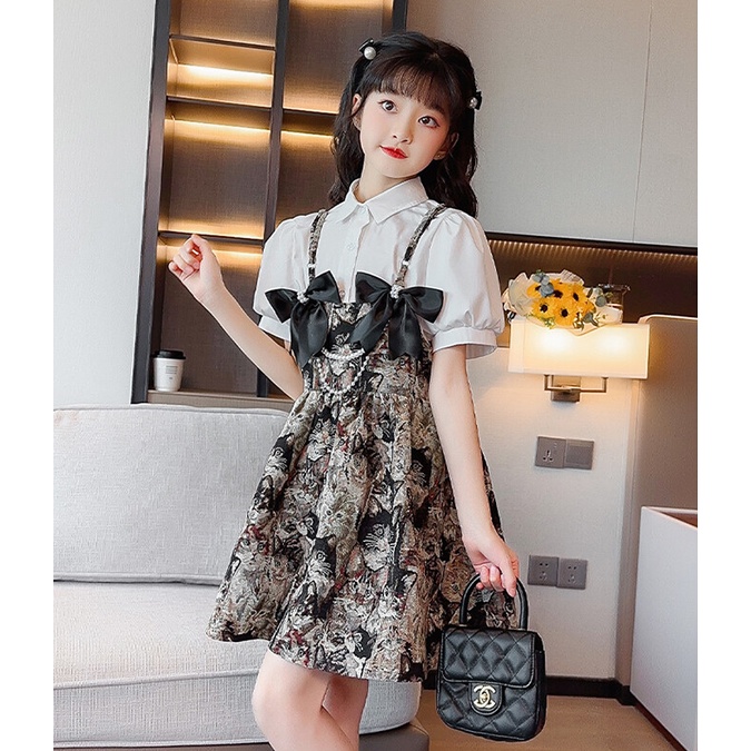 Bộ Áo Sơ Mi Phối Chân Váy Yếm Kiểu Hàn Quốc Thời Trang Mùa Hè Cho Bé Gái